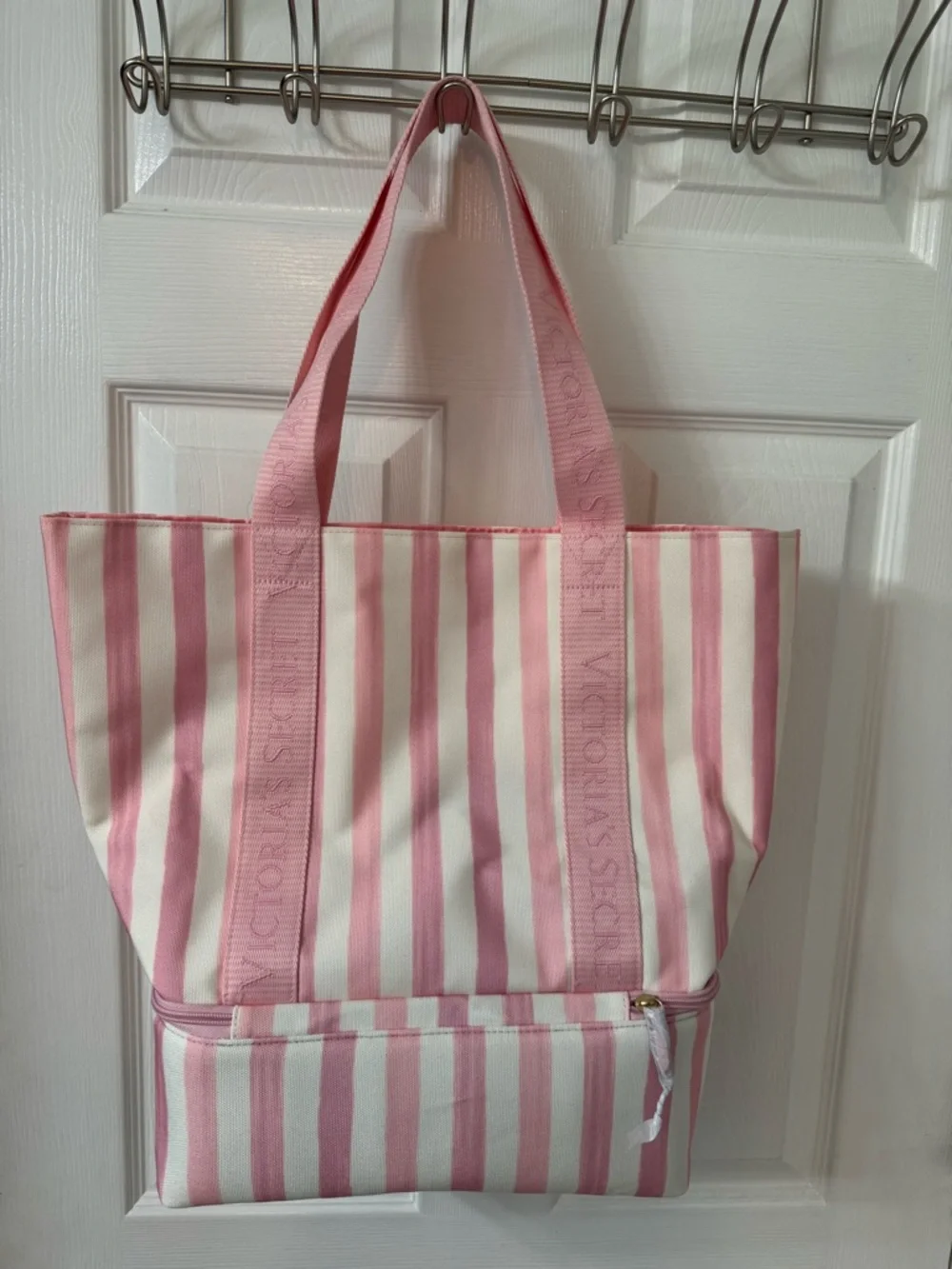 NWT Victoria's Secret Pink & White Striped Canvas Tote cooler on bottom half - Picture 1 of 6
